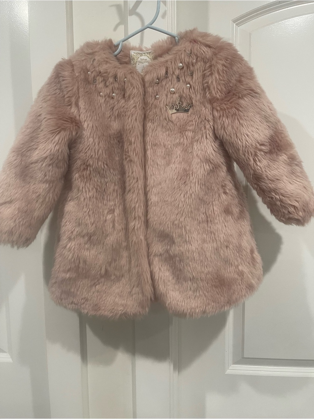 Disney Dusty Pink Faux-Fur Puff Coat with Pearl & Crown Detail